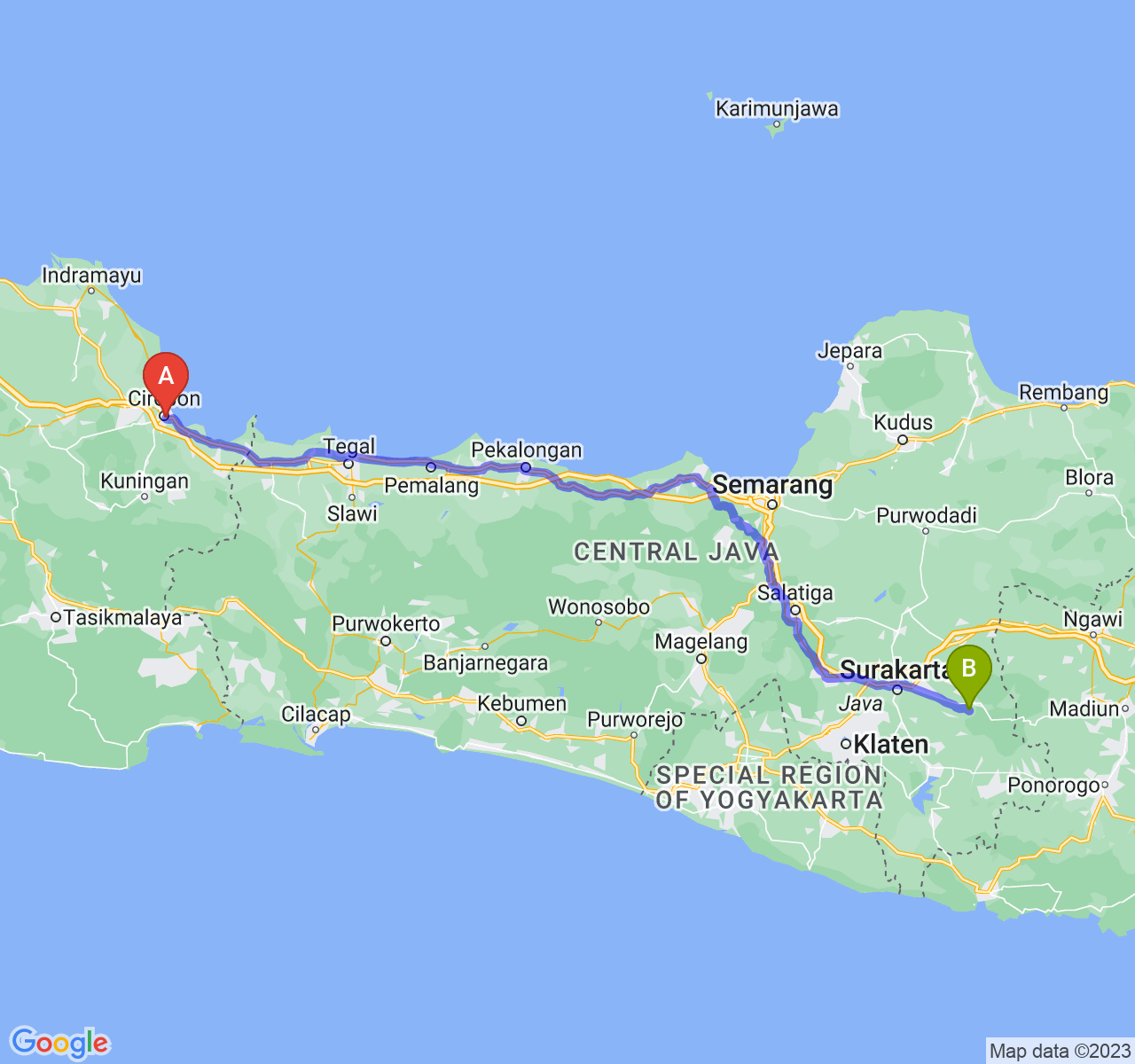 perjalanan dengan rute Kota Cirebon-Kab. Karanganyar