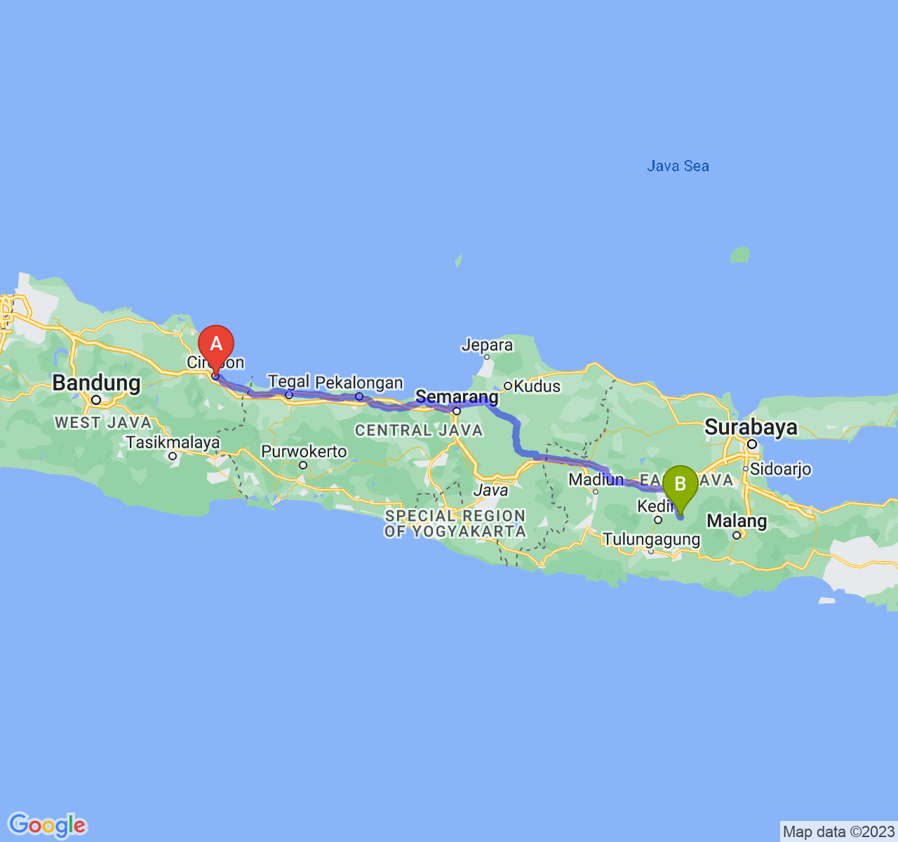 perjalanan dengan rute Kota Cirebon-Kab. Kediri