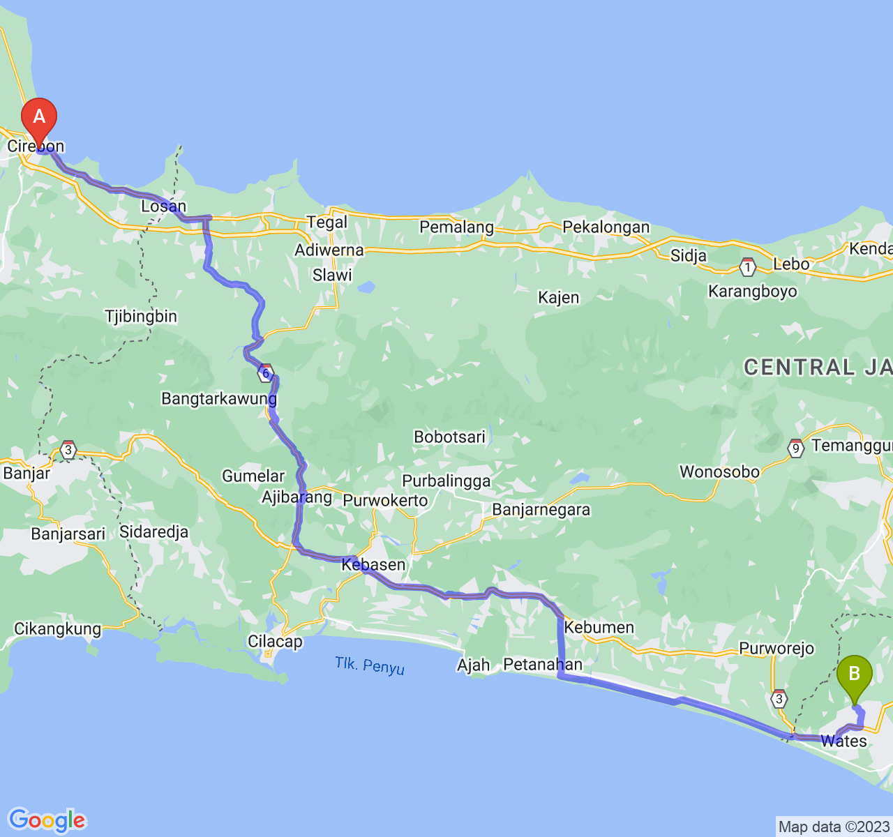 perjalanan dengan rute Kota Cirebon-Kab. Kulon Progo