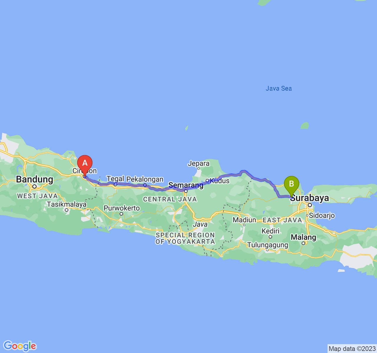 perjalanan dengan rute Kota Cirebon-Kab. Lamongan