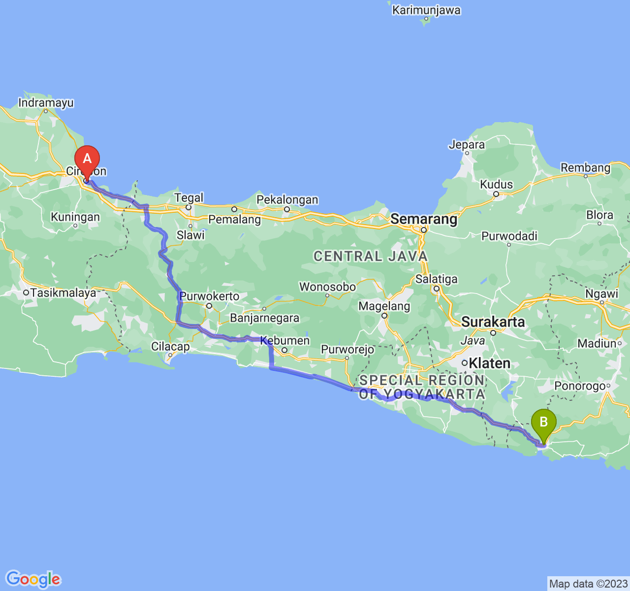 perjalanan dengan rute Kota Cirebon-Kab. Pacitan