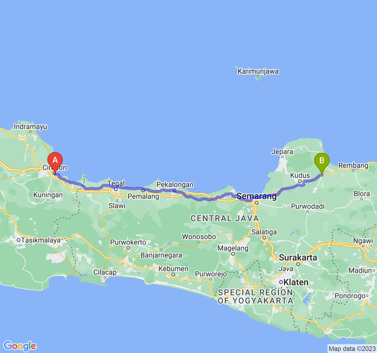 perjalanan dengan rute Kota Cirebon-Kab. Pati