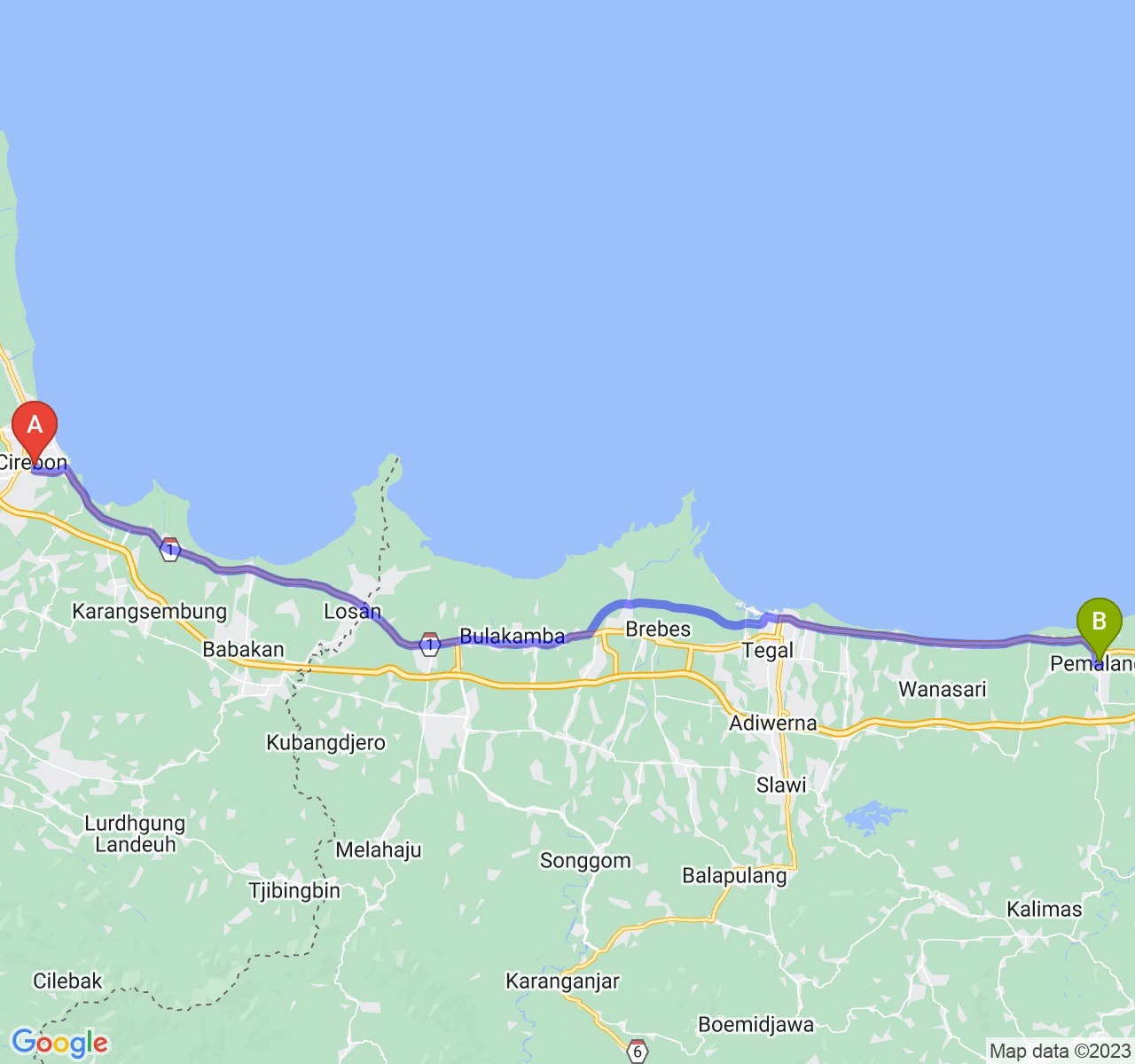 perjalanan dengan rute Kota Cirebon-Kab. Pemalang