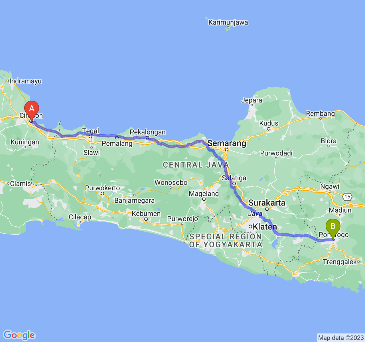 perjalanan dengan rute Kota Cirebon-Kab. Ponorogo