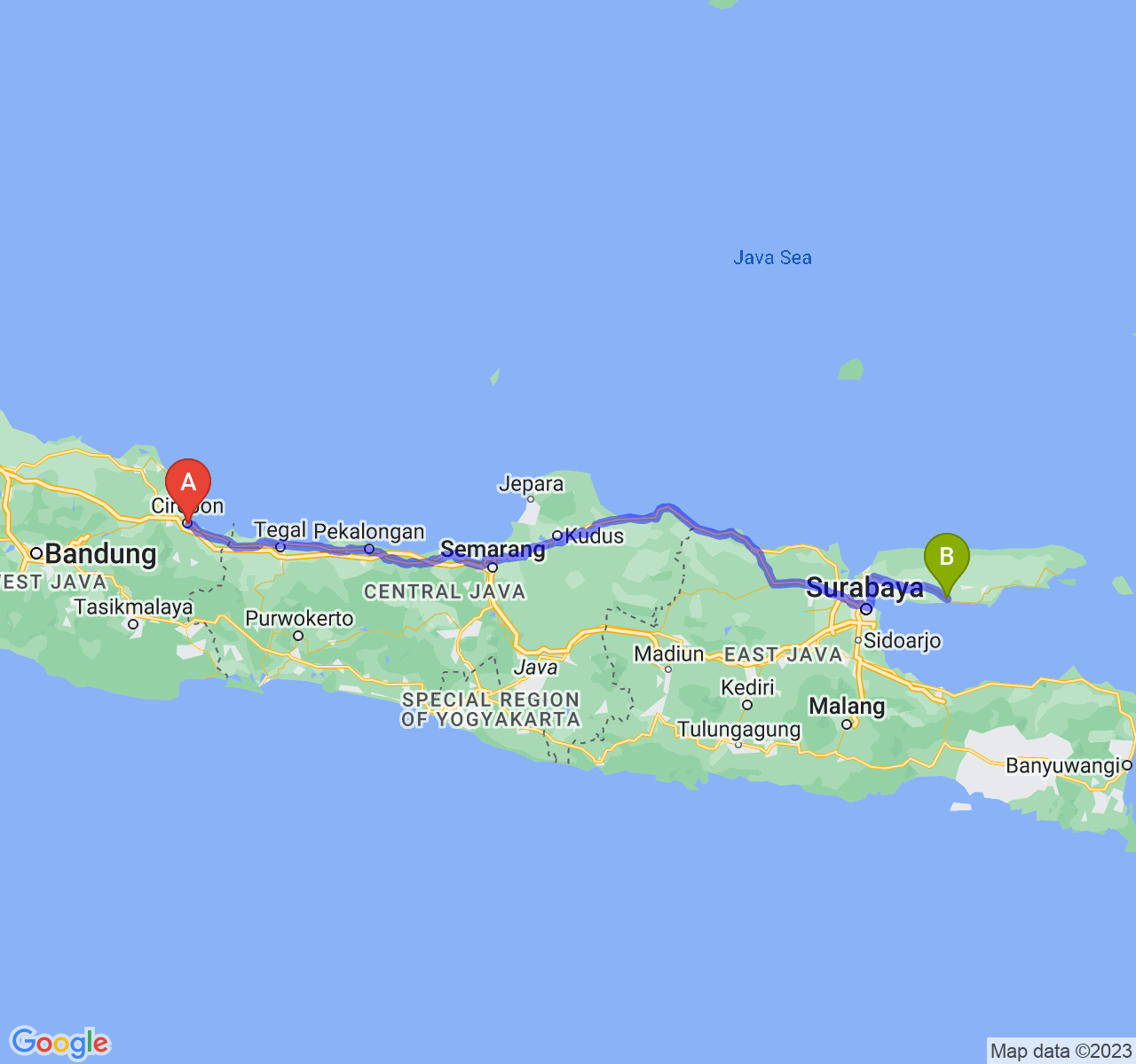 perjalanan dengan rute Kota Cirebon-Kab. Sampang