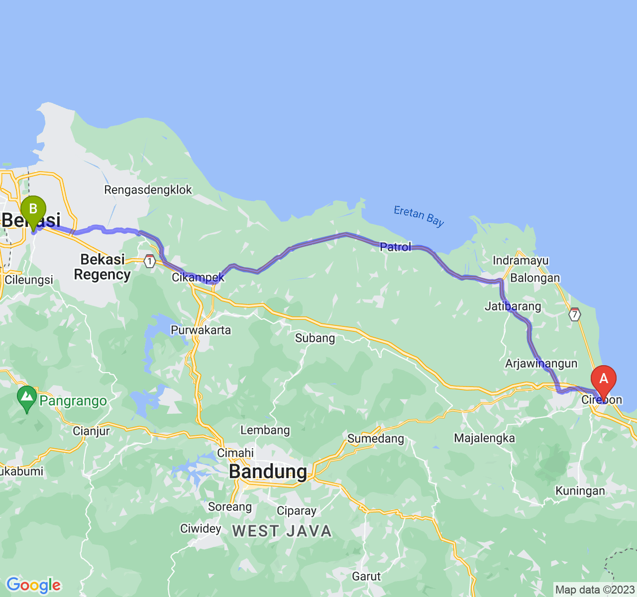 perjalanan dengan rute Kota Cirebon-Kota Bekasi