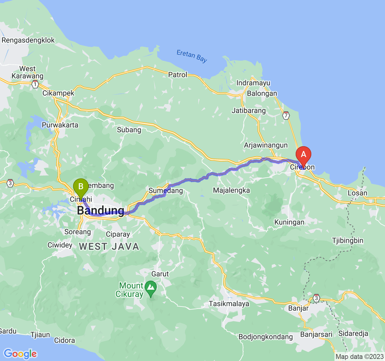 perjalanan dengan rute Kota Cirebon-Kota Cimahi