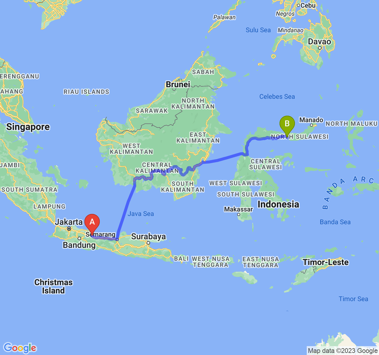 perjalanan dengan rute Kota Cirebon-Kota Gorontalo