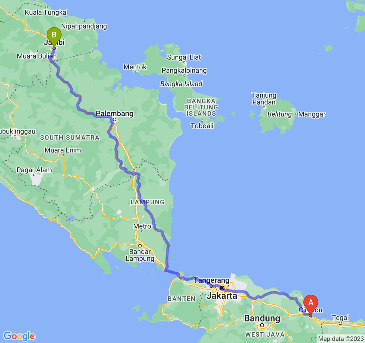 perjalanan dengan rute Kota Cirebon-Kota Jambi