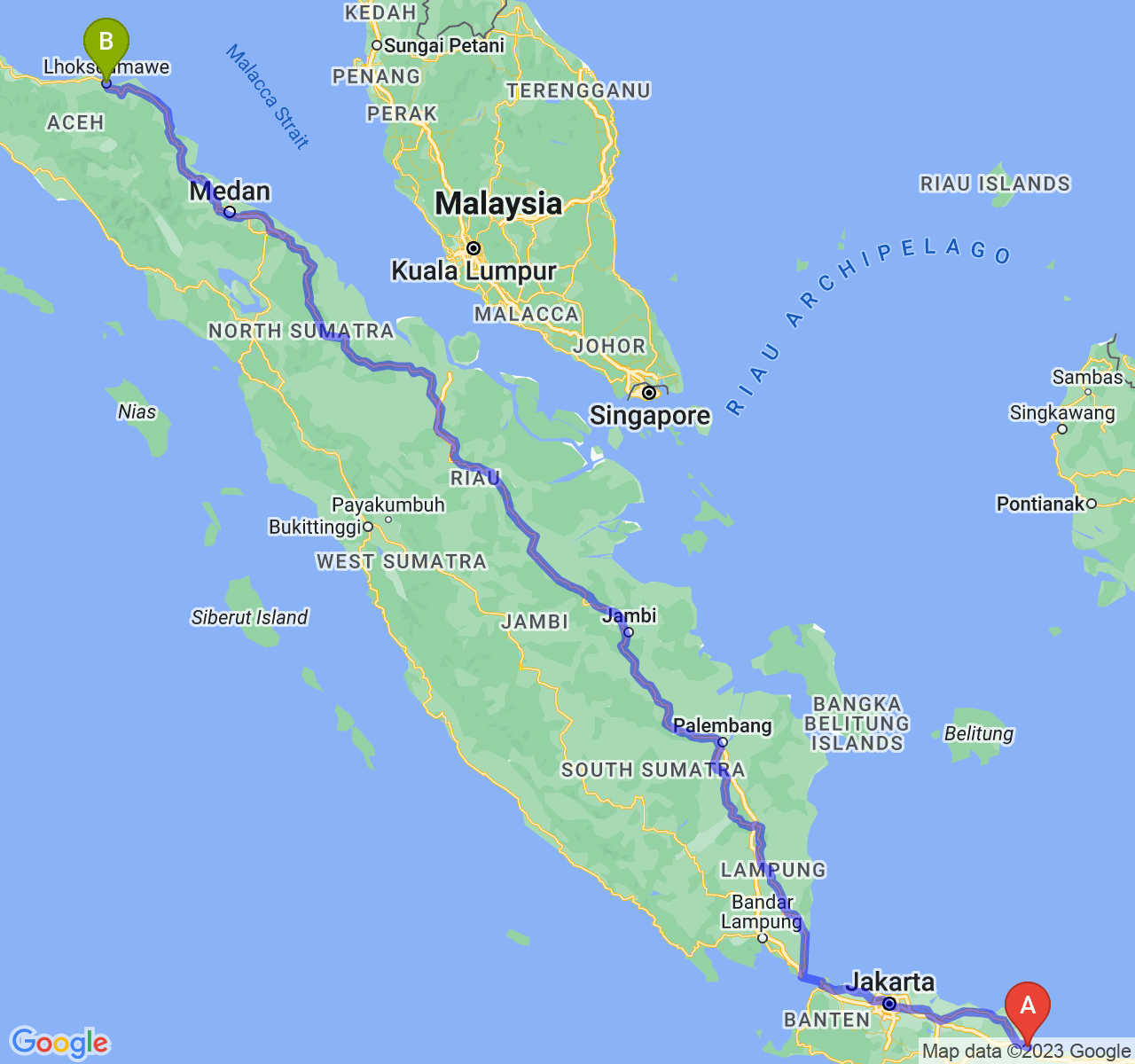 perjalanan dengan rute Kota Cirebon-Kota Lhokseumawe