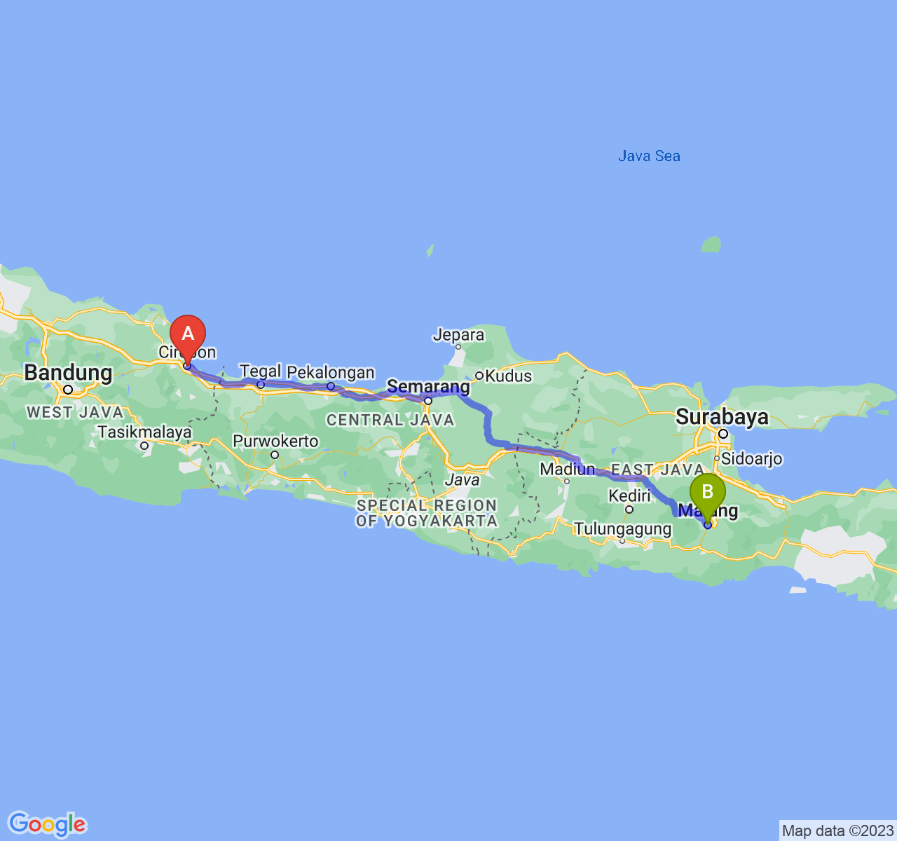 perjalanan dengan rute Kota Cirebon-Kota Malang