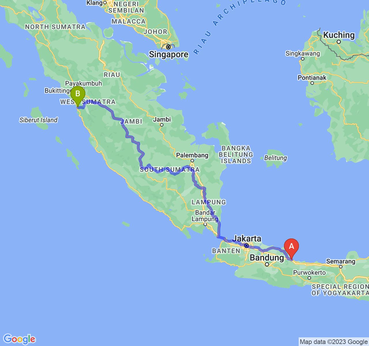 perjalanan dengan rute Kota Cirebon-Kota Padang