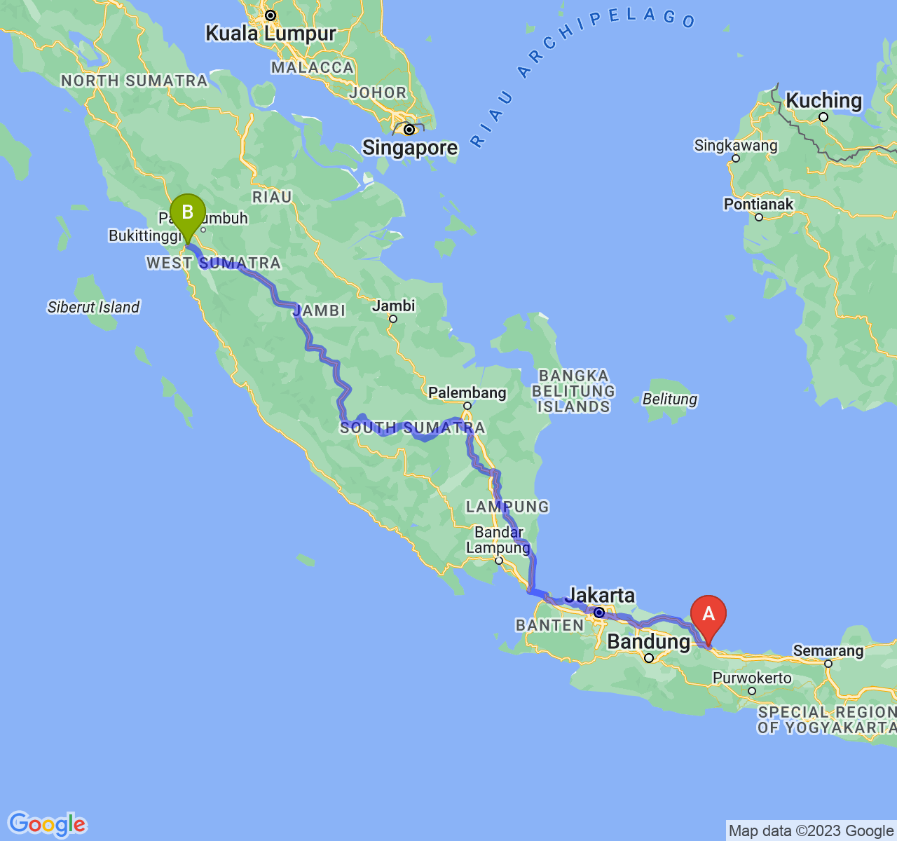 perjalanan dengan rute Kota Cirebon-Kota Padang Panjang