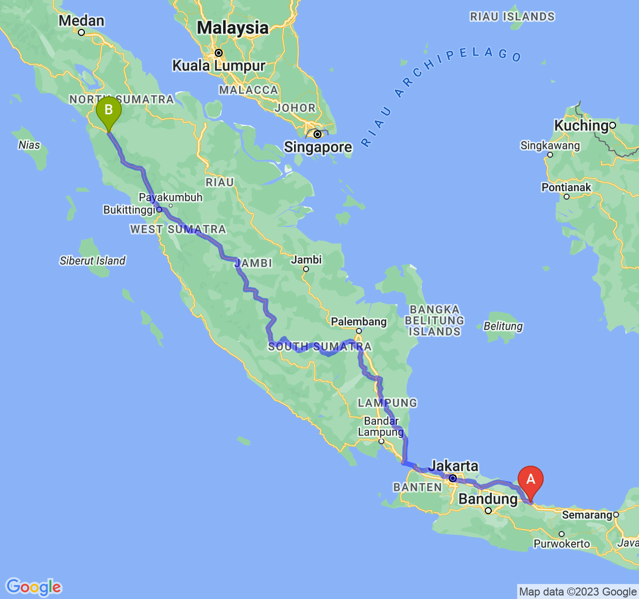 perjalanan dengan rute Kota Cirebon-Kota Padang Sidimpuan