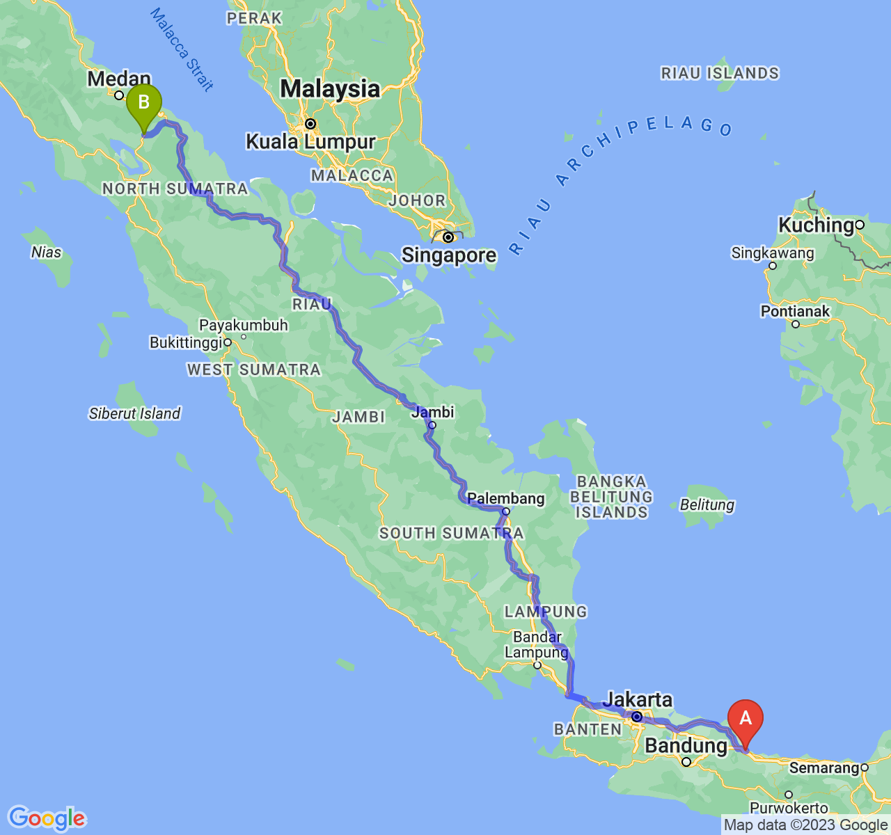 perjalanan dengan rute Kota Cirebon-Kota Pematangsiantar