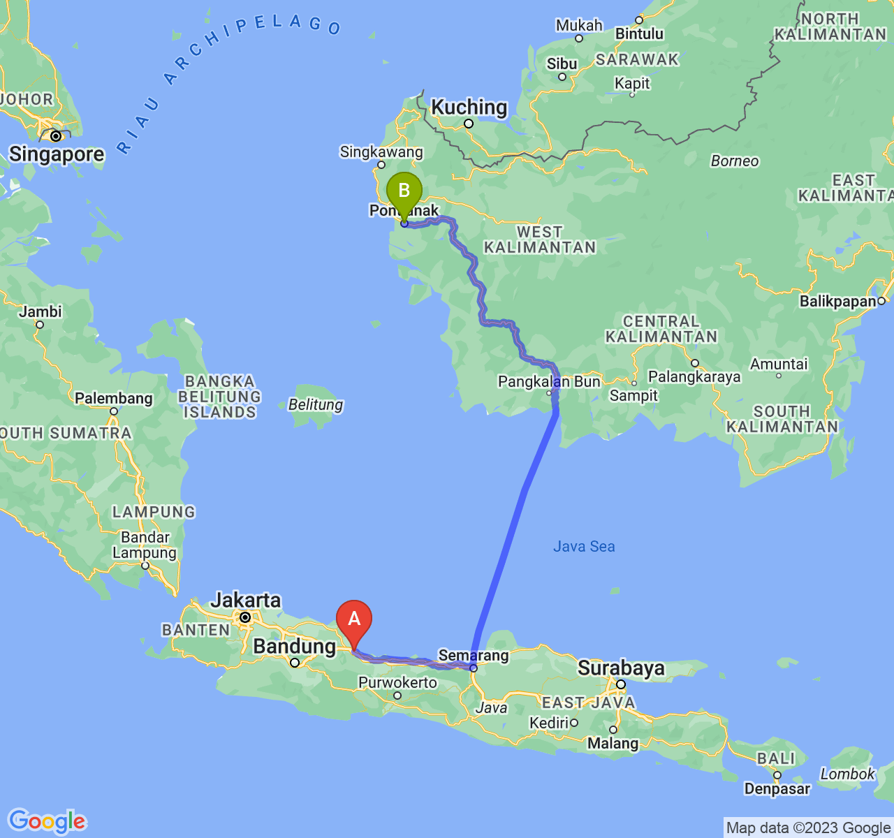 perjalanan dengan rute Kota Cirebon-Kota Pontianak