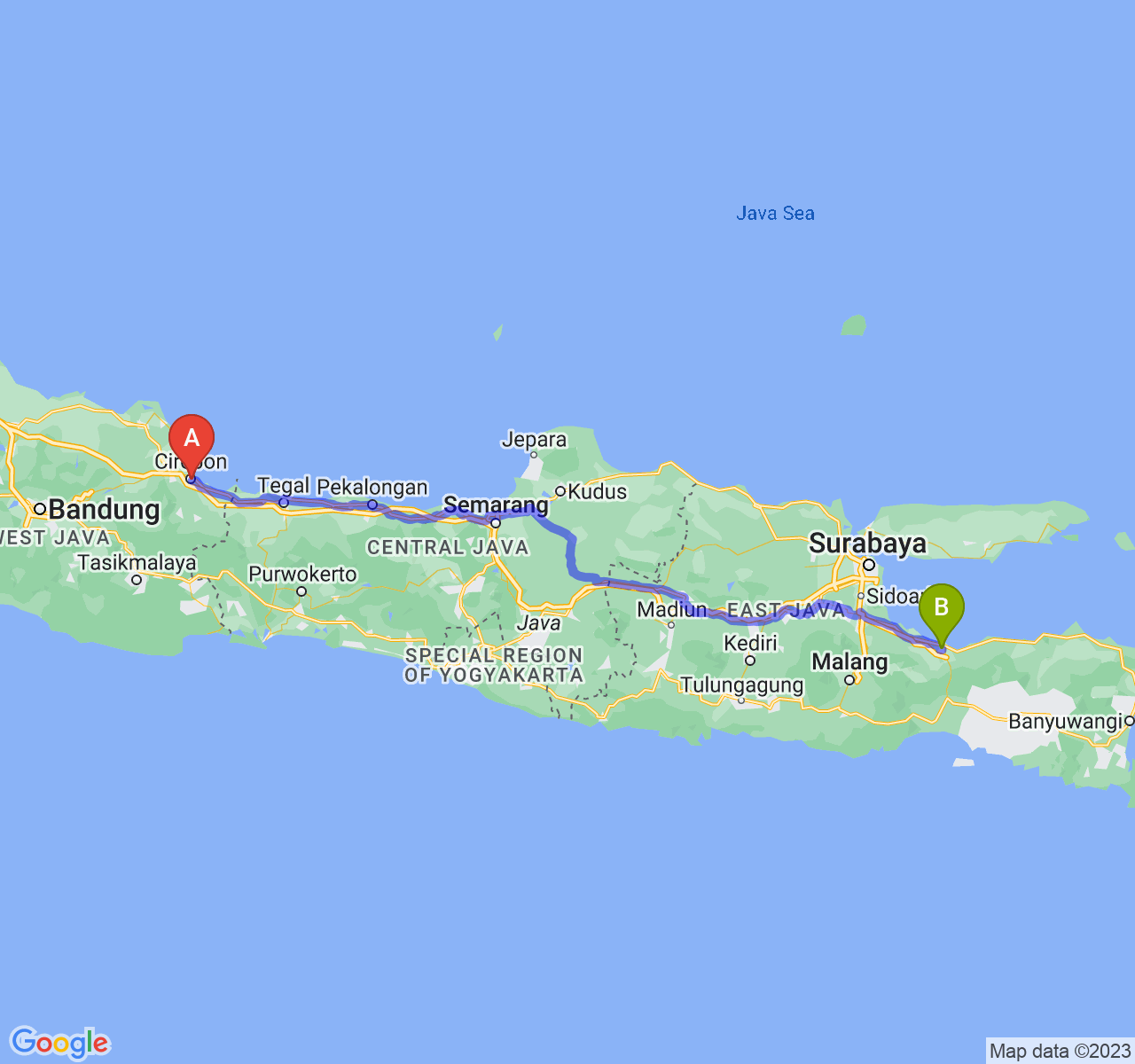 perjalanan dengan rute Kota Cirebon-Kota Probolinggo