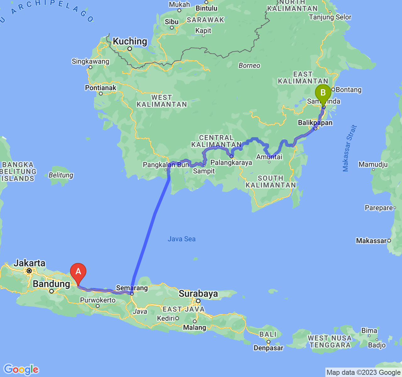 perjalanan dengan rute Kota Cirebon-Kota Samarinda