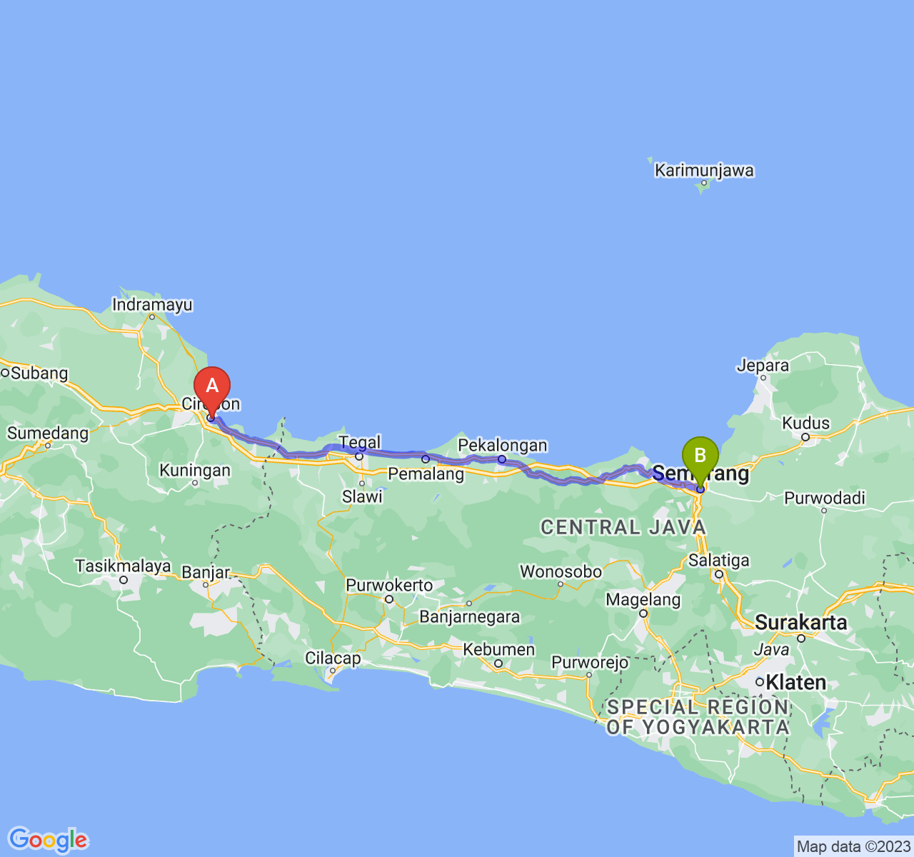 perjalanan dengan rute Kota Cirebon-Kota Semarang