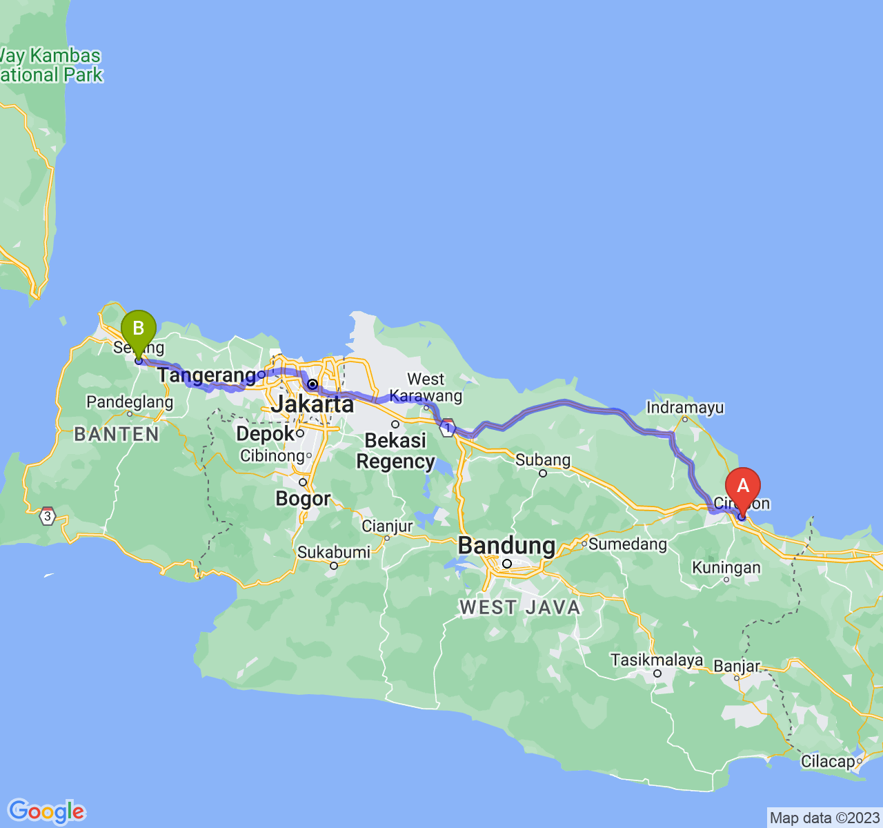 perjalanan dengan rute Kota Cirebon-Kota Serang