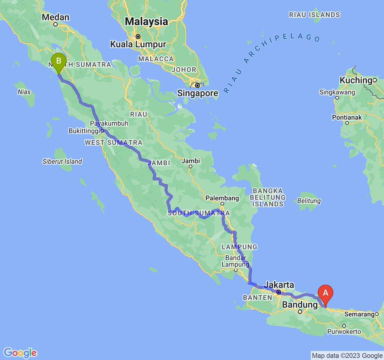 perjalanan dengan rute Kota Cirebon-Kota Sibolga