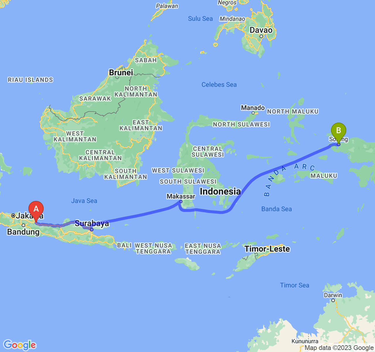 perjalanan dengan rute Kota Cirebon-Kota Sorong