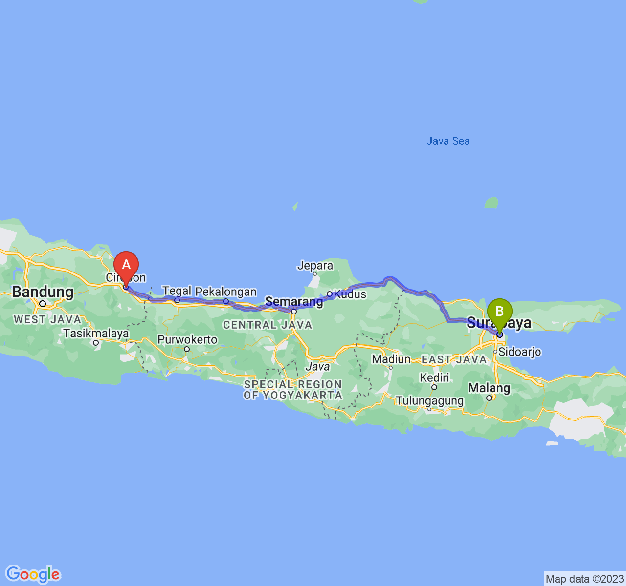 perjalanan dengan rute Kota Cirebon-Kota Surabaya