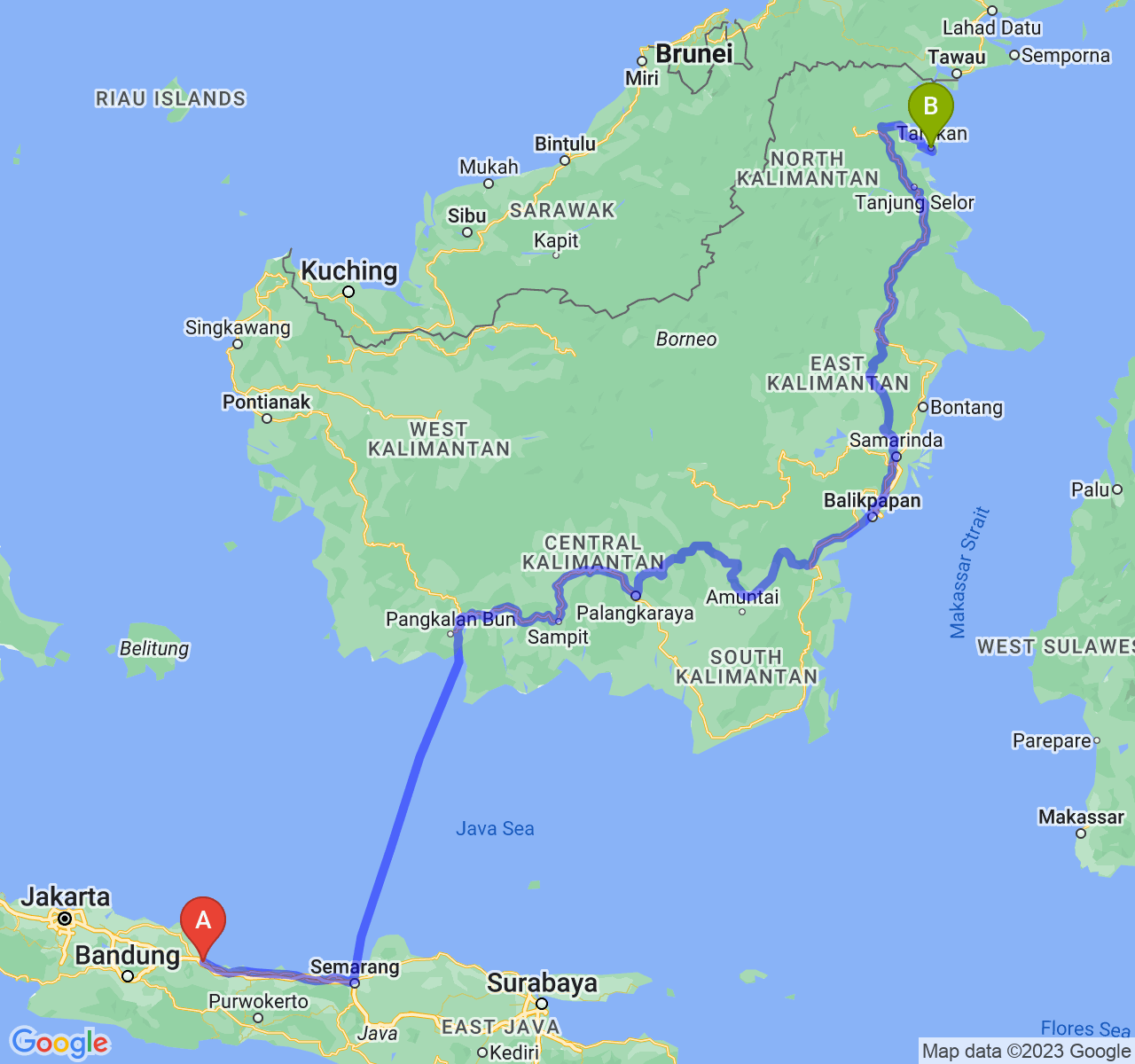 perjalanan dengan rute Kota Cirebon-Kota Tarakan