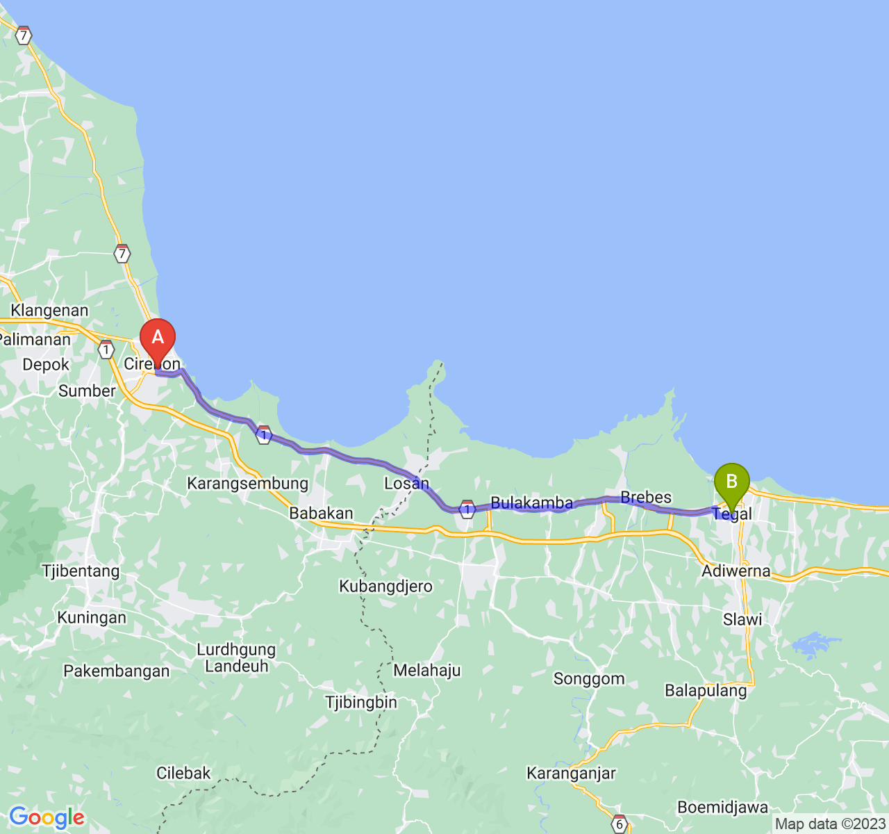 perjalanan dengan rute Kota Cirebon-Kota Tegal