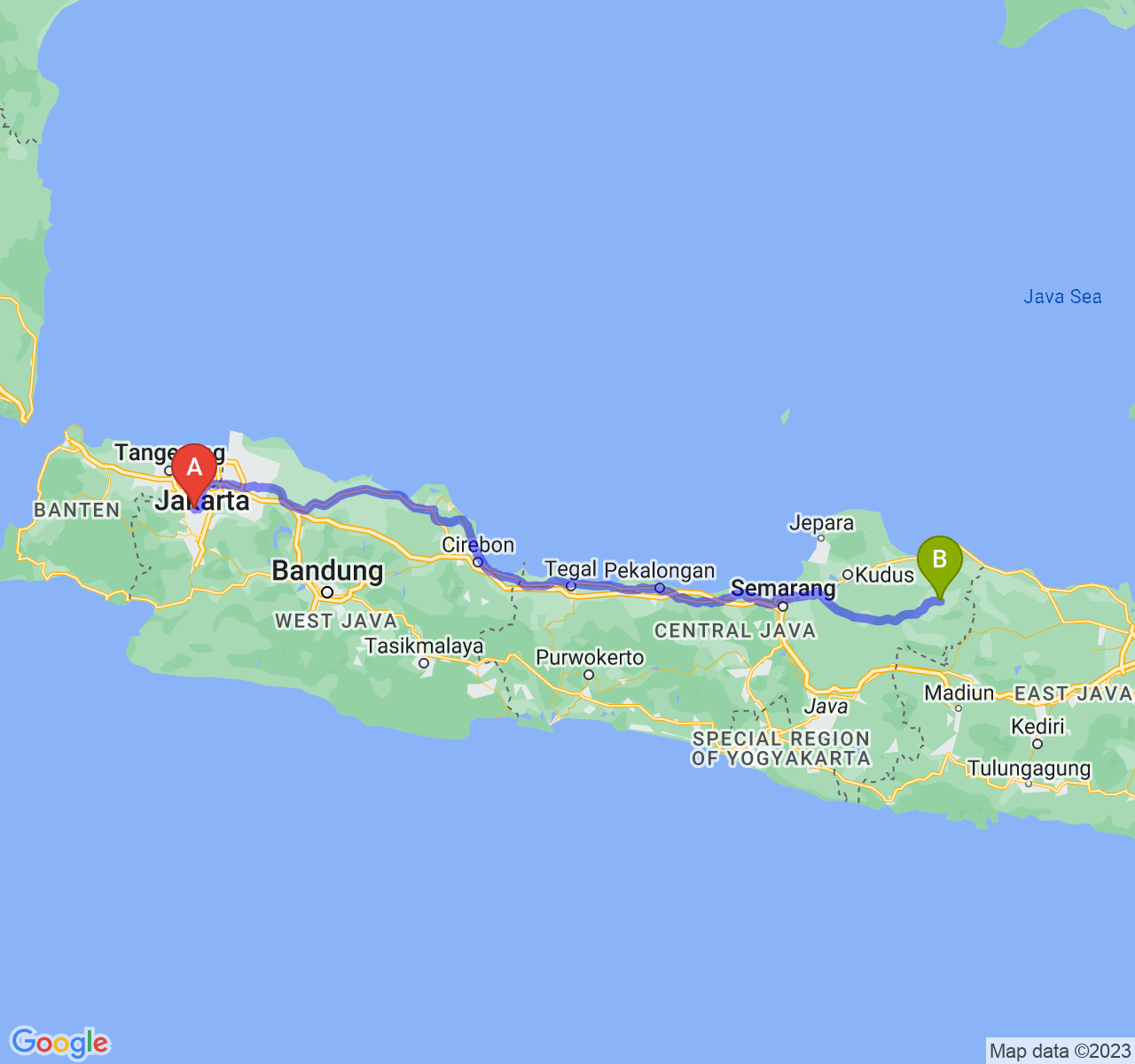 perjalanan dengan rute Kota Depok-Kab. Blora