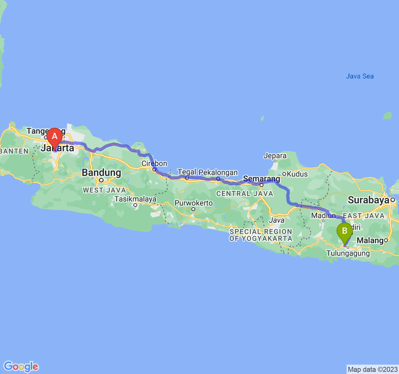 perjalanan dengan rute Kota Depok-Kab. Tulungagung