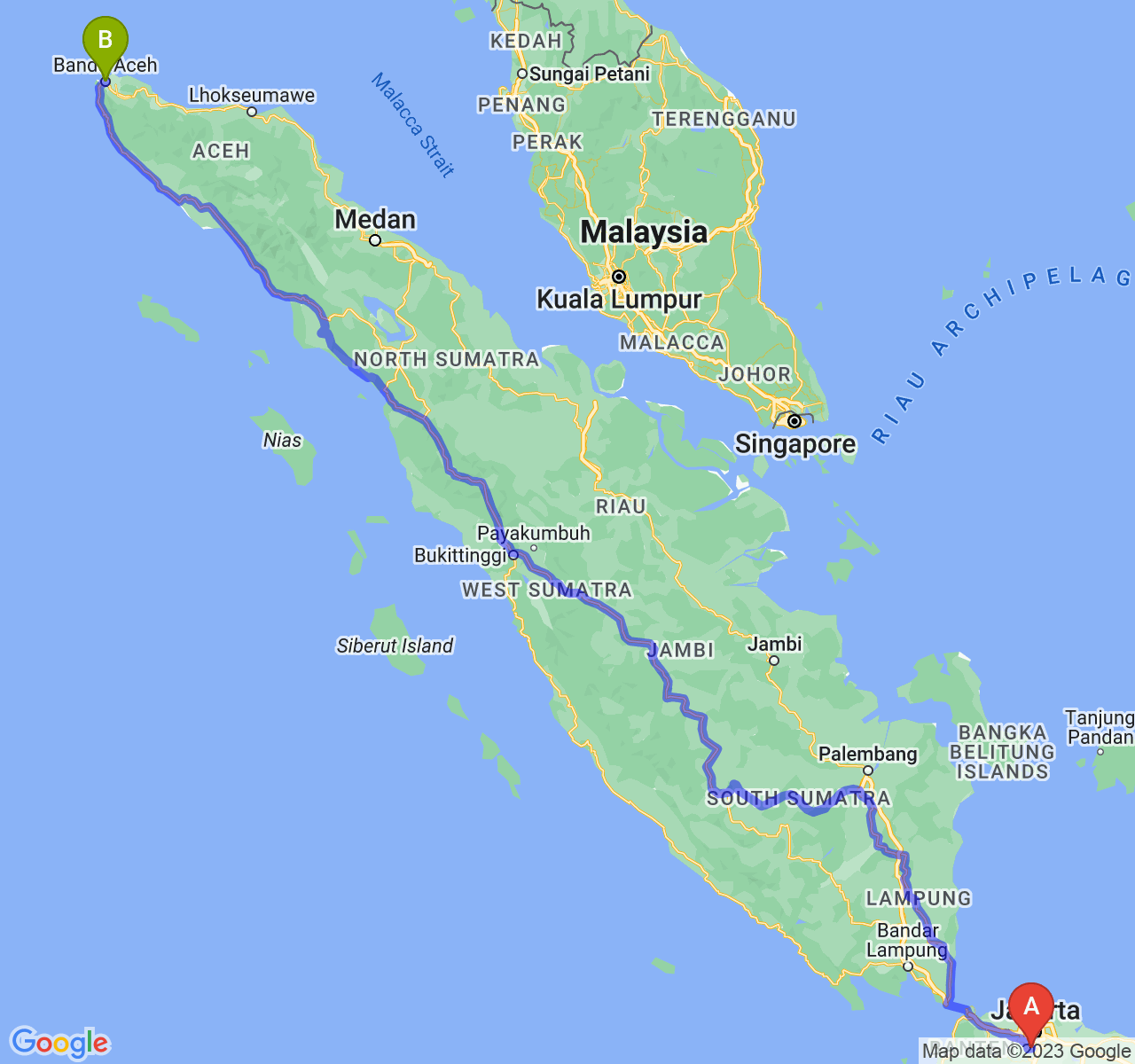 perjalanan dengan rute Kota Depok-Kota Banda Aceh