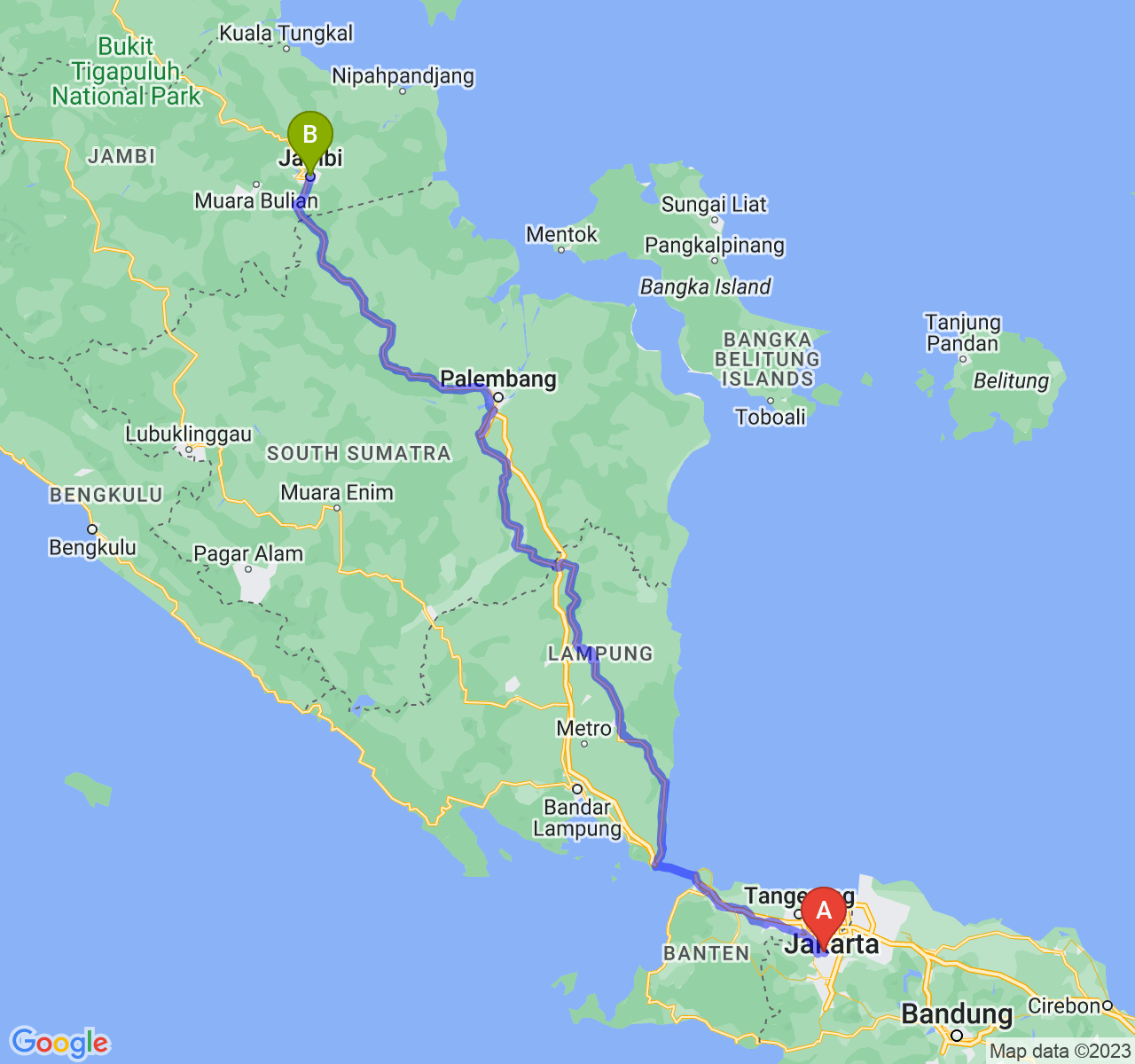 perjalanan dengan rute Kota Depok-Kota Jambi