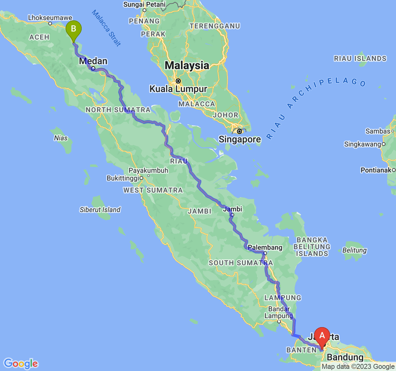 perjalanan dengan rute Kota Depok-Kota Langsa