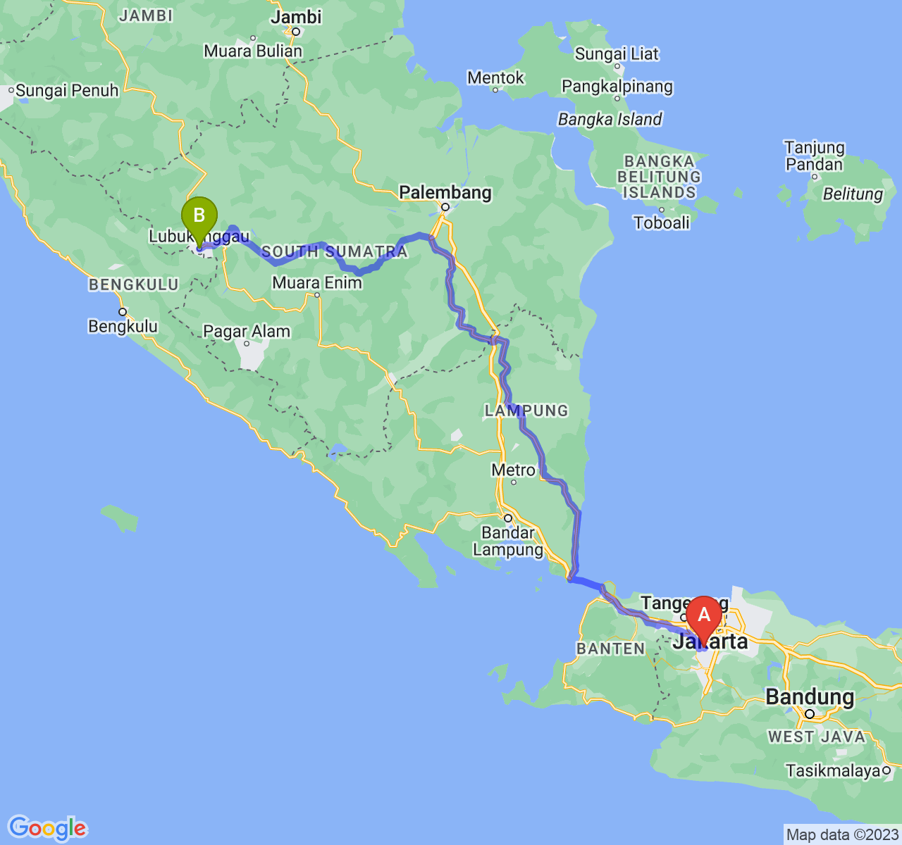 perjalanan dengan rute Kota Depok-Kota Lubuk Linggau