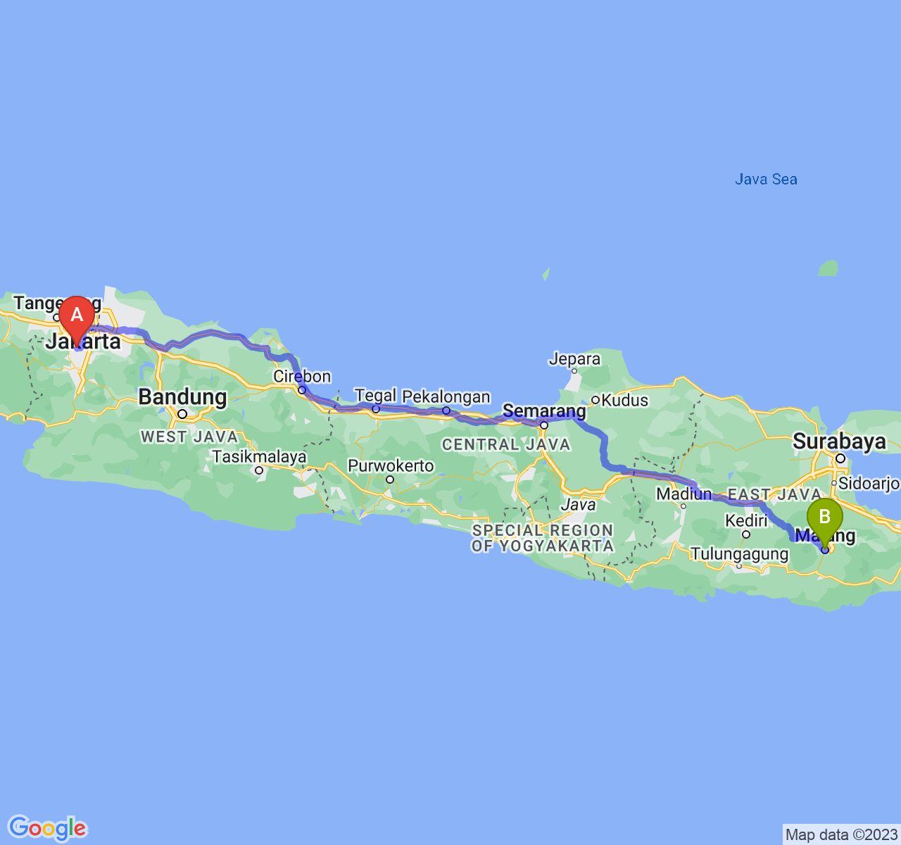 perjalanan dengan rute Kota Depok-Kota Malang