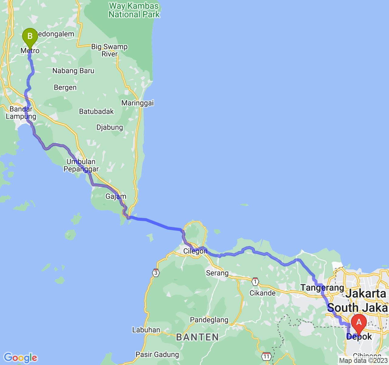 perjalanan dengan rute Kota Depok-Kota Metro