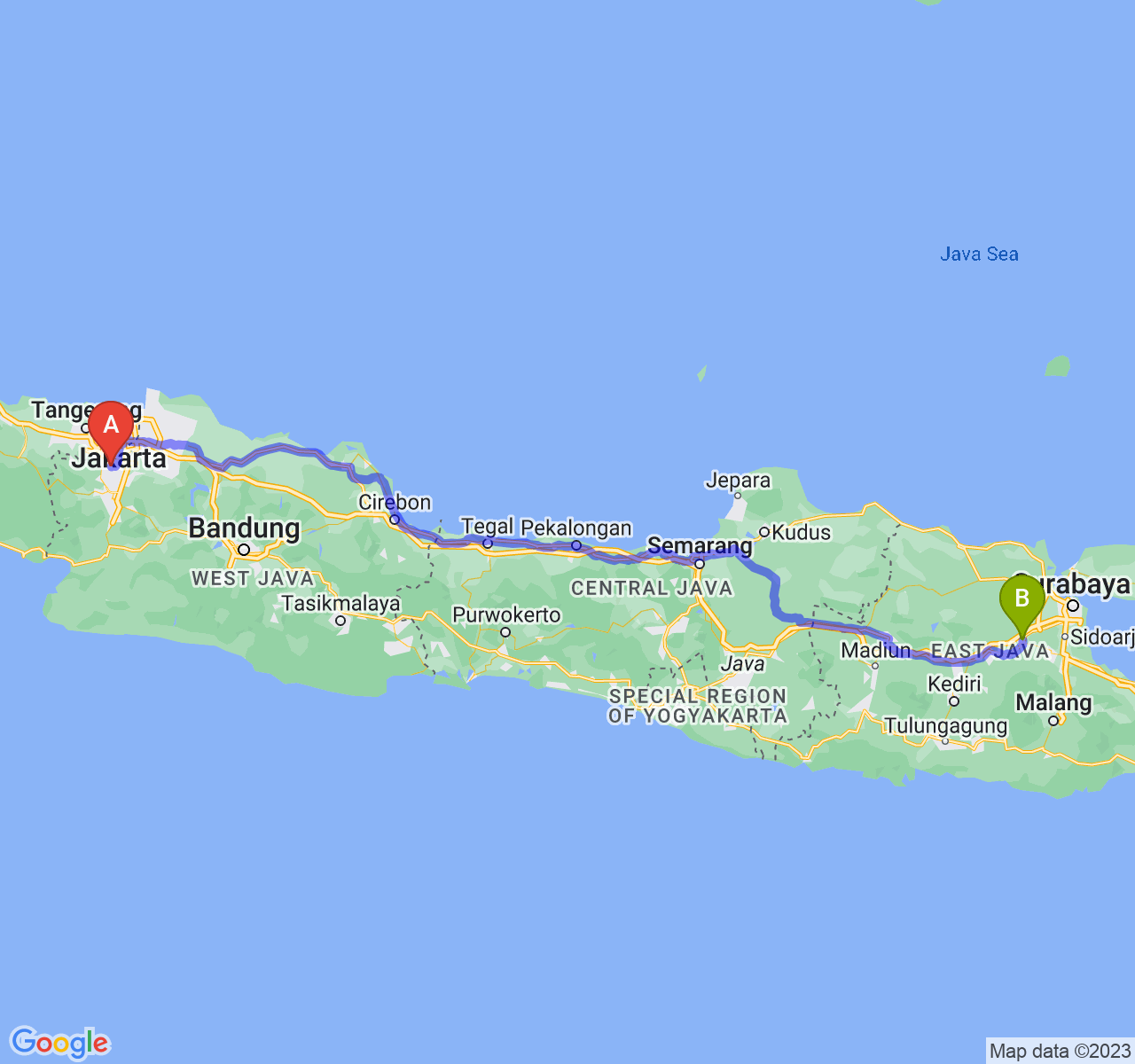 perjalanan dengan rute Kota Depok-Kota Mojokerto