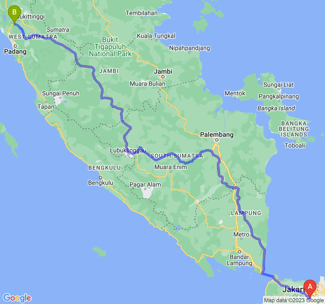 perjalanan dengan rute Kota Depok-Kota Padang Panjang