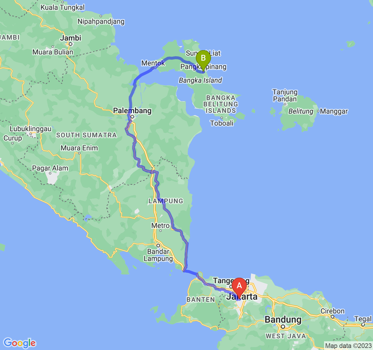 perjalanan dengan rute Kota Depok-Kota Pangkalpinang