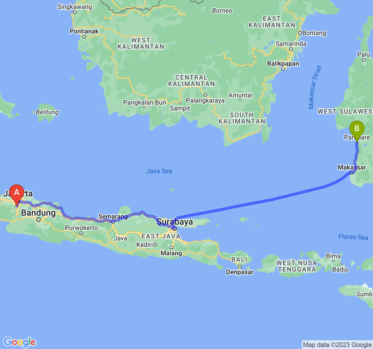 perjalanan dengan rute Kota Depok-Kota Parepare