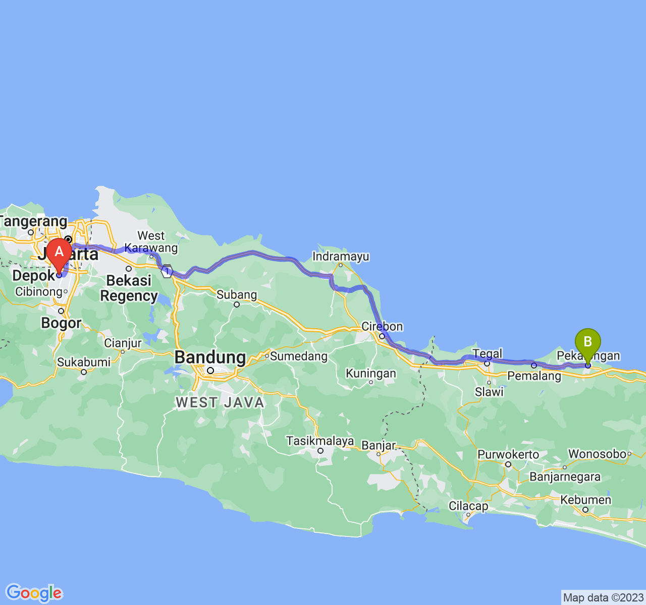 perjalanan dengan rute Kota Depok-Kota Pekalongan