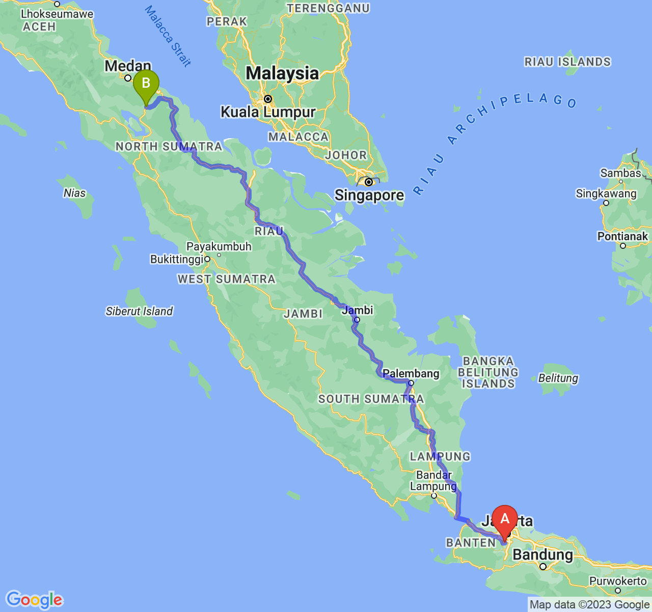 perjalanan dengan rute Kota Depok-Kota Pematangsiantar