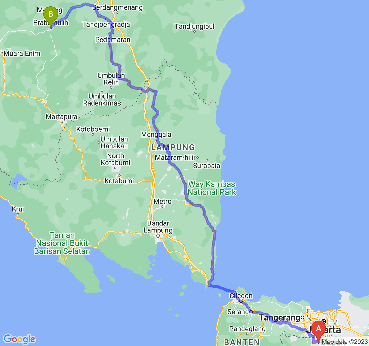 perjalanan dengan rute Kota Depok-Kota Prabumulih