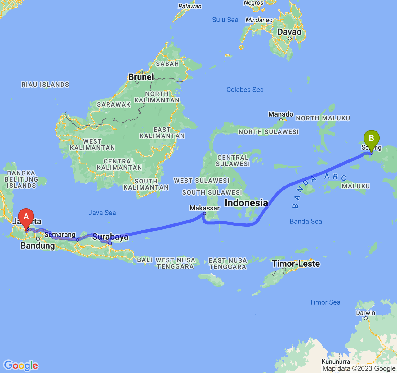 perjalanan dengan rute Kota Depok-Kota Sorong