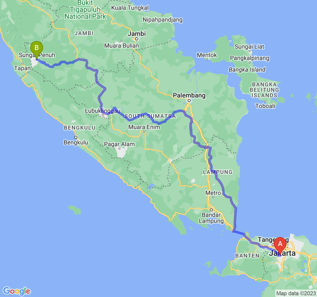 perjalanan dengan rute Kota Depok-Kota Sungai Penuh