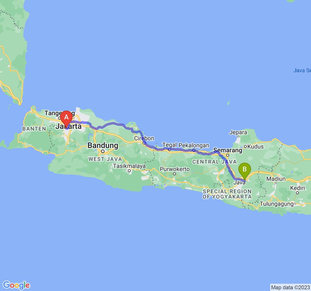 perjalanan dengan rute Kota Depok-Kota Surakarta