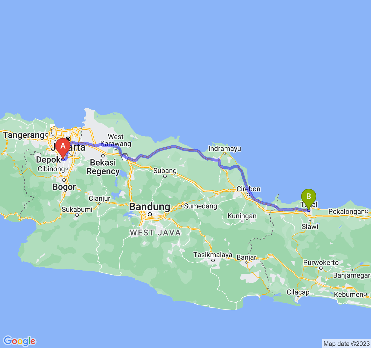 perjalanan dengan rute Kota Depok-Kota Tegal