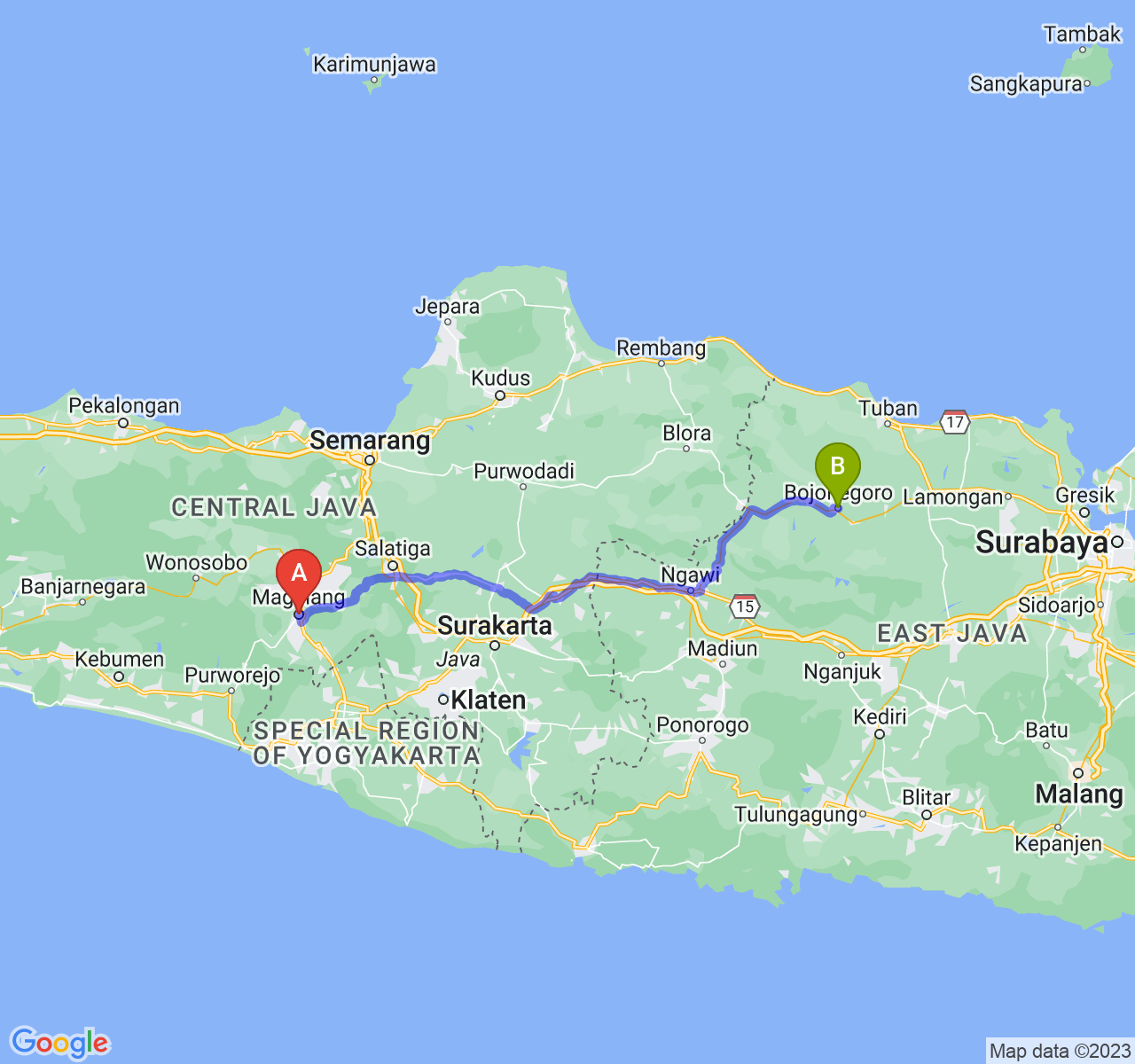 perjalanan dengan rute Kota Magelang-Kab. Bojonegoro