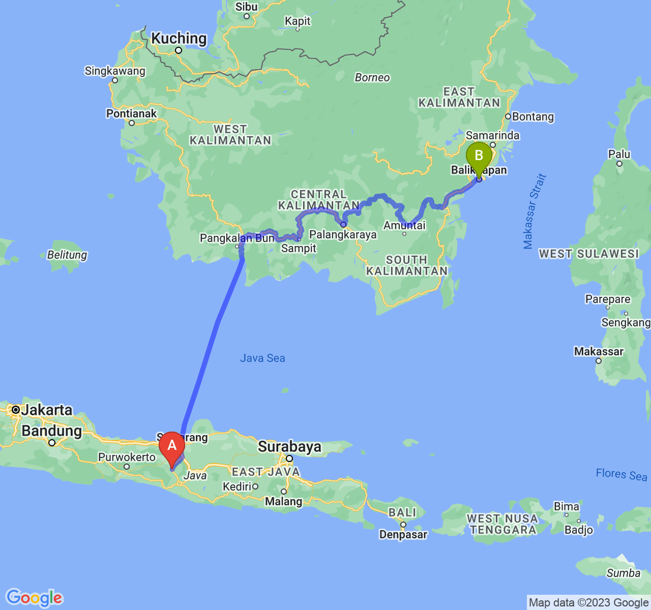 perjalanan dengan rute Kota Magelang-Kota Balikpapan